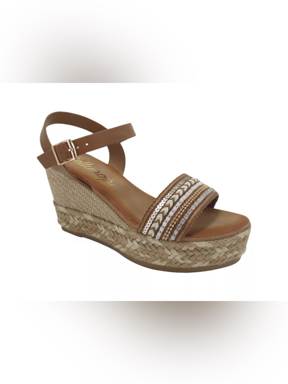 Jellypop Brown Braided Espadrille Wedge Sandal with Sequined Strap